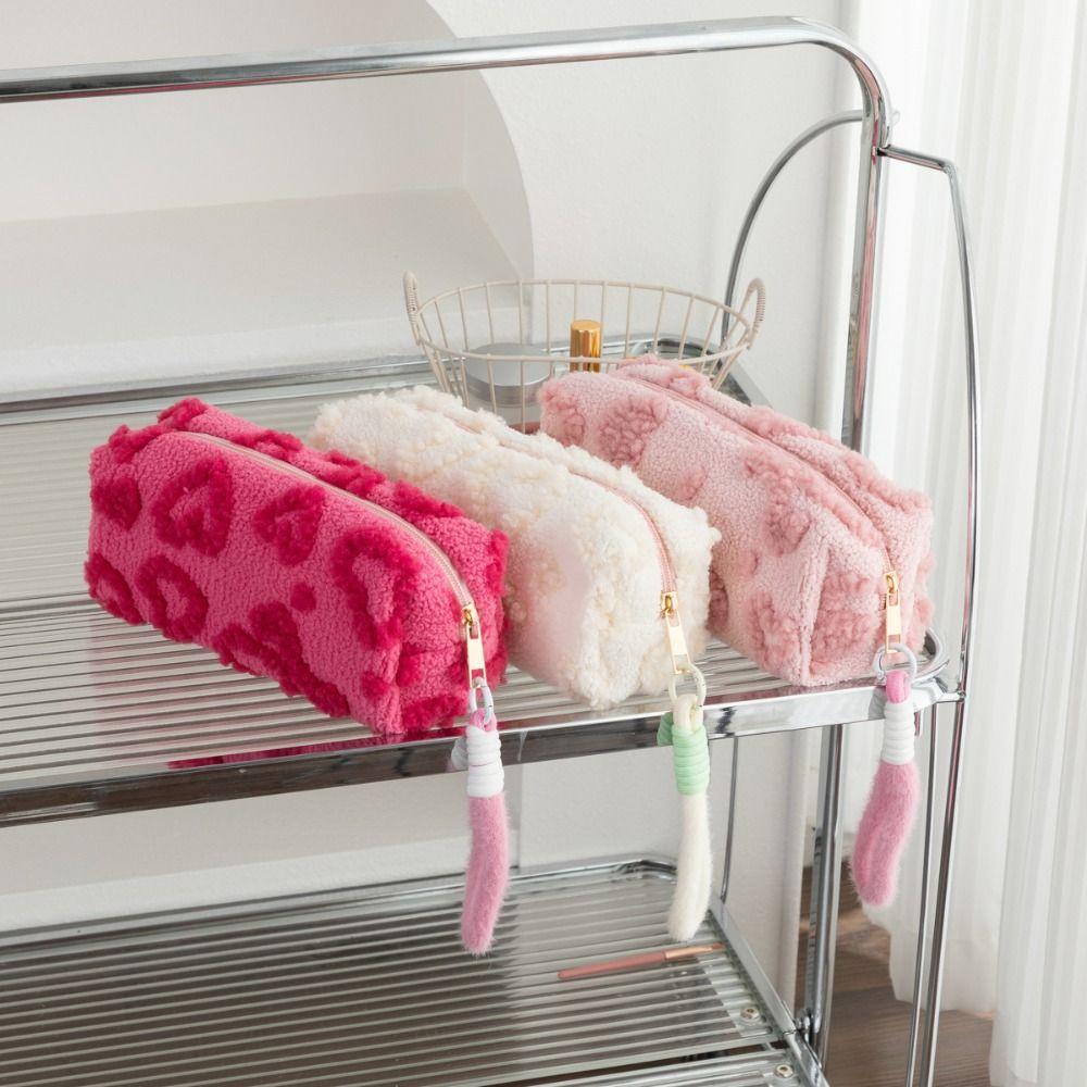 Kawaii Berber Fleece Pencil Case Lifting Rope Love Heart Pattern Pencil Pouch Large Capacity Pen Bag Student