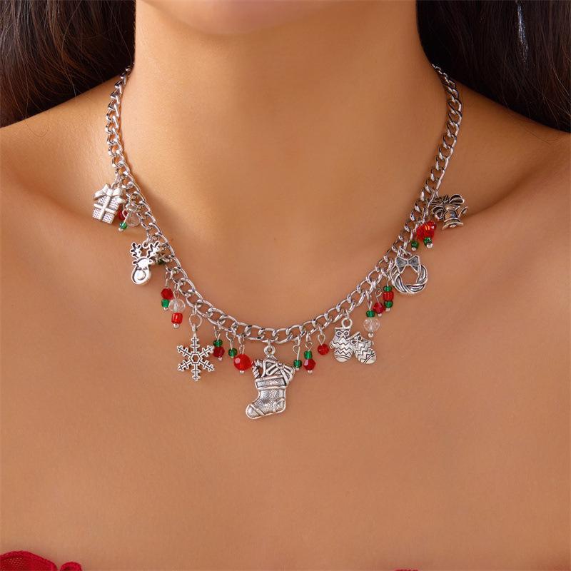Fashion Christmas Metal Chain Necklace for Women Crystal Zircon Elk Santa Claus Snowman Bell Xmas Tree Pendant Choker Jewelry