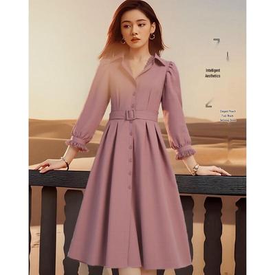 Demana Elegant Peach Velvet V-Neck Lace Puff Sleeve Dress