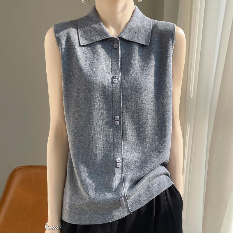 Polo Collar Sleeveless Worsted Wool Vest for Women In Spring and Autumn Style, Inner Style Solid Color Knitted Vest Base Shirt Top