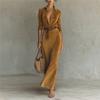 Women's Shirt Collar Long Sleeve Suede Maxi Dress High Waist Belted Elegant Casual Dress