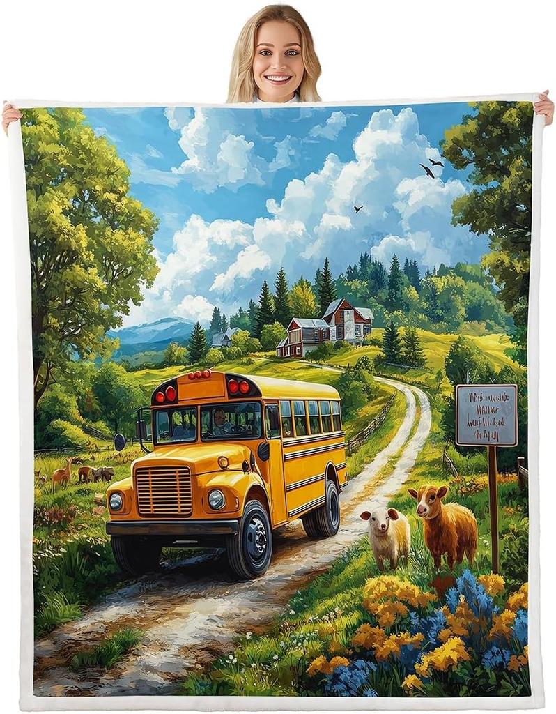 School Bus Blanket Yellow Bus Pattern Fleece Throw Kids Room Decor Back to School Theme Cozy Bed Cover