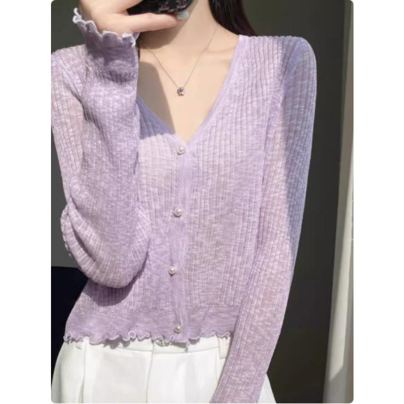 Ice Silk Knitted Cardigan Women's Thin Coat Shawl Short Outer with Skirt Sunscreen Shirt Summer Top Small Blouse