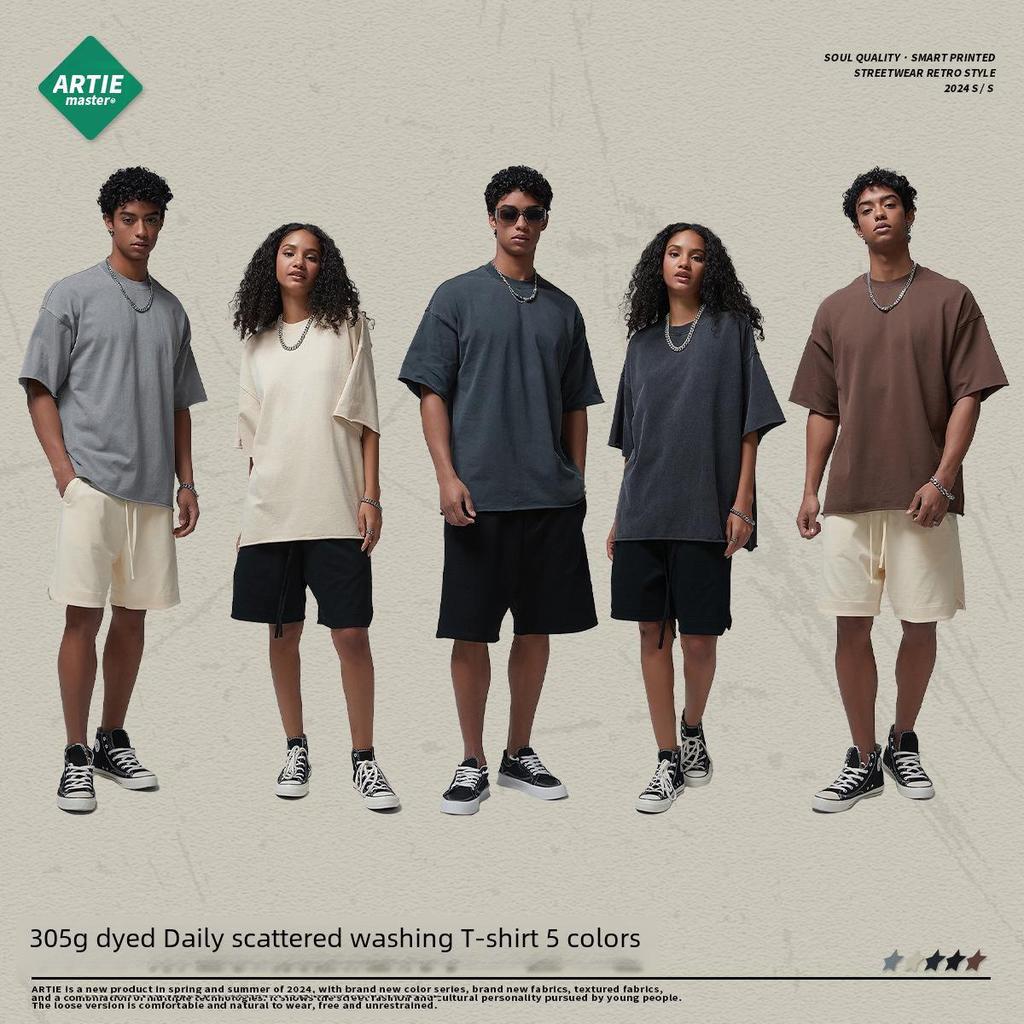 ARTIE Men's 2024 Spring/Summer Vintage Washed Curled Short-Sleeve T-Shirt - American Street Style.