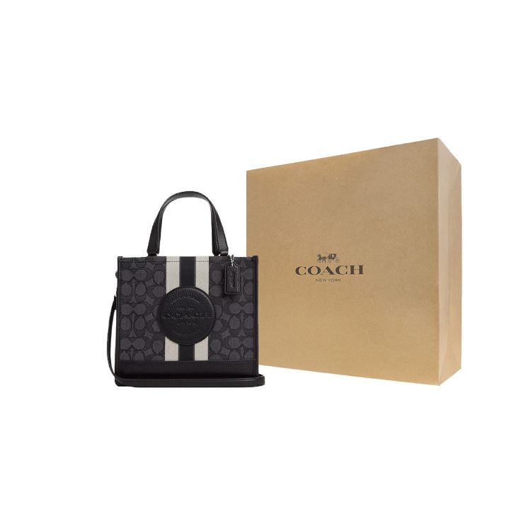 Coach Dempsey 22 Monogram Stripe Logo Decor Fabric With Leather Tote Bag Women tote Black CQ878-SVRT6
