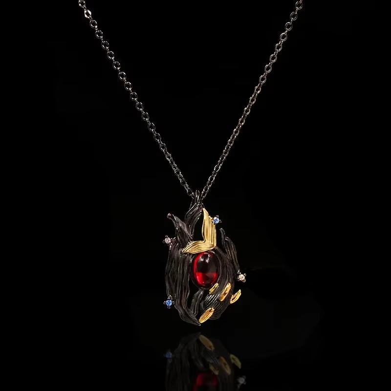 Unique Black Gold Red Zircon Female Pendant Sweater Chain-925 Silver-plated Jewelry
