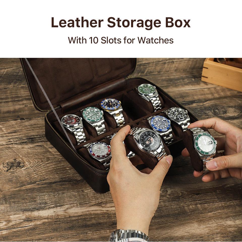 Retro Crazy Horse Cowhide Leather Watch Box - 10-Slot Handcrafted Storage for Wristwatches