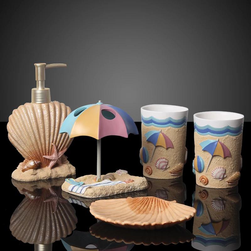 Summer Style Resin Bathroom Accessories 5 Pcs/set Portable Soap Dispenser Beach Shells Lotion Bottle Toothbrush Holder Soap Dish