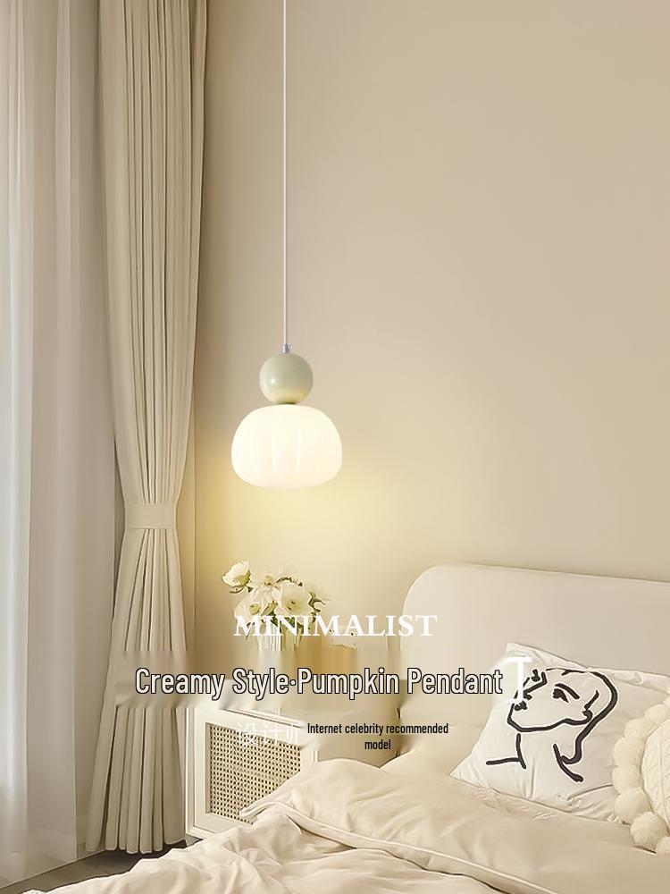 Cream Style Pumpkin Pendant Light: Modern Minimalist Bedside Lamp for Master Bedroom, Bar Counter, or Foyer with Single Head Cord Suspension.
