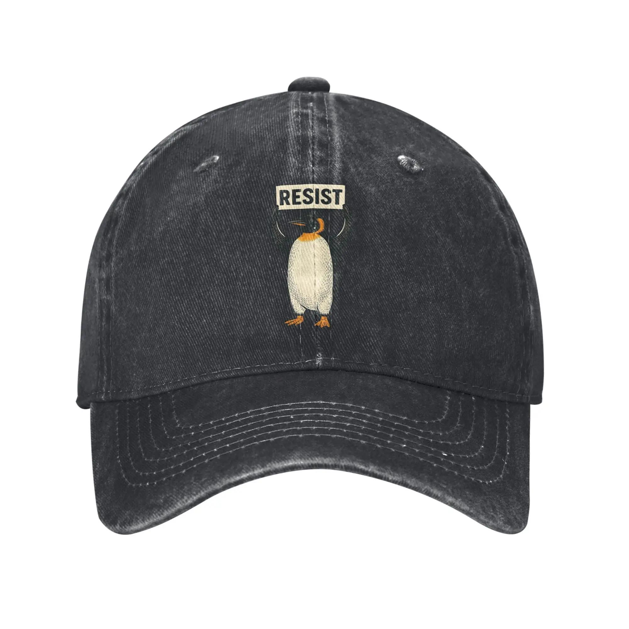Penguin Resist Penguins Protest Against Tariffs Baseball Caps Distressed Washed Sun Cap Unisex Golf Adjustable Fit Hats Cap One Size