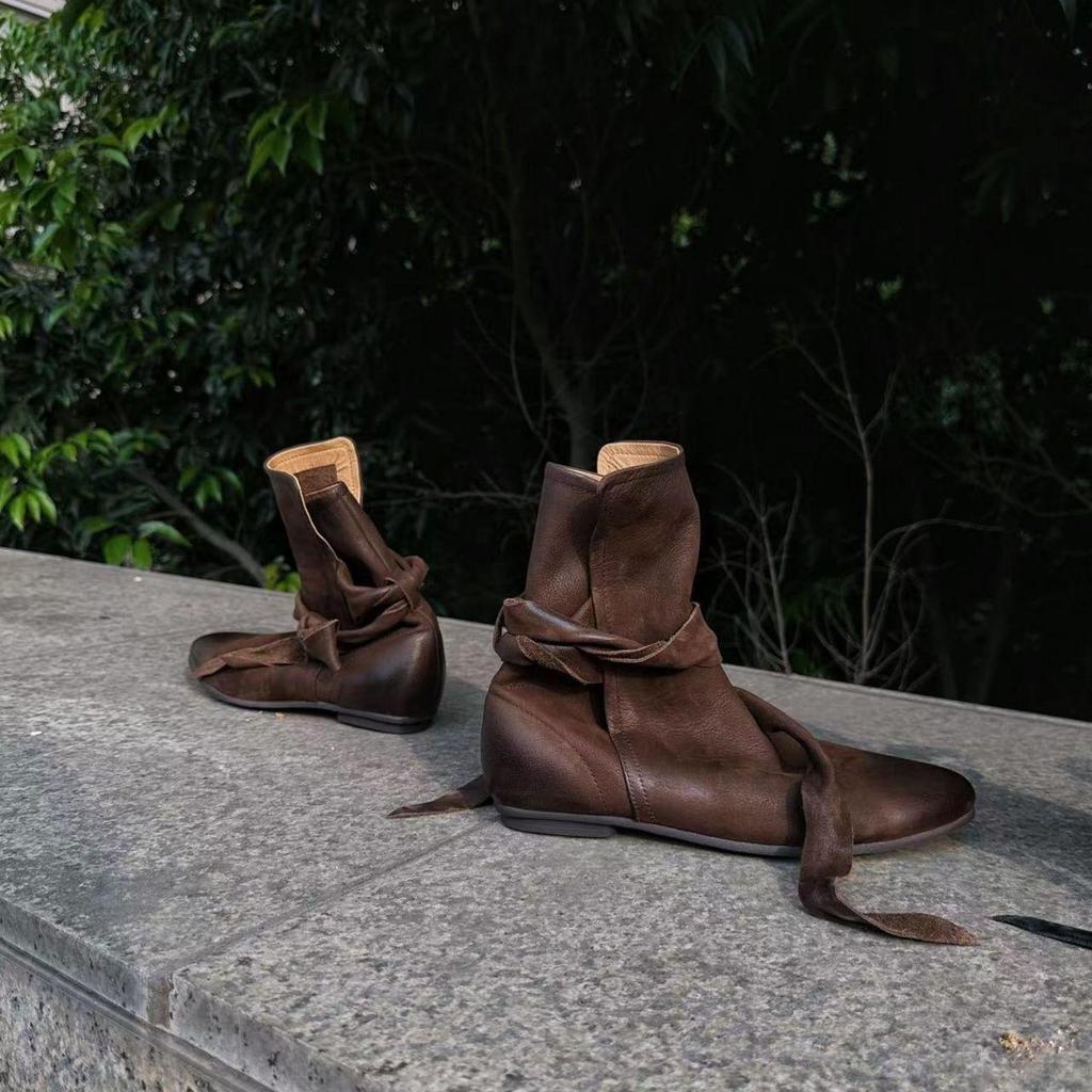 Cowhide version niche minimalist comfortable leather boots martin boots women's retro old round head bow wrap belt short boots