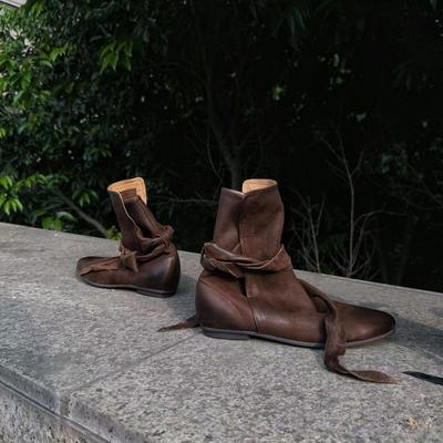 Genuine Leather Short Boots with Retro and Niche Design Bow Tie Wrapped Strap and Lace Up Short Boots