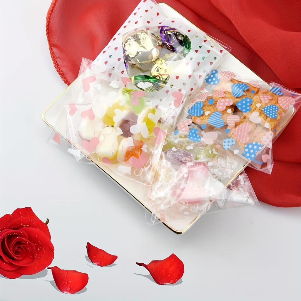 400PCS Valentine Cellophane Bags Love Heart Printed Self Adhesive Cookie Treat Bags 4 Styles Valentine's Day Mother's Day