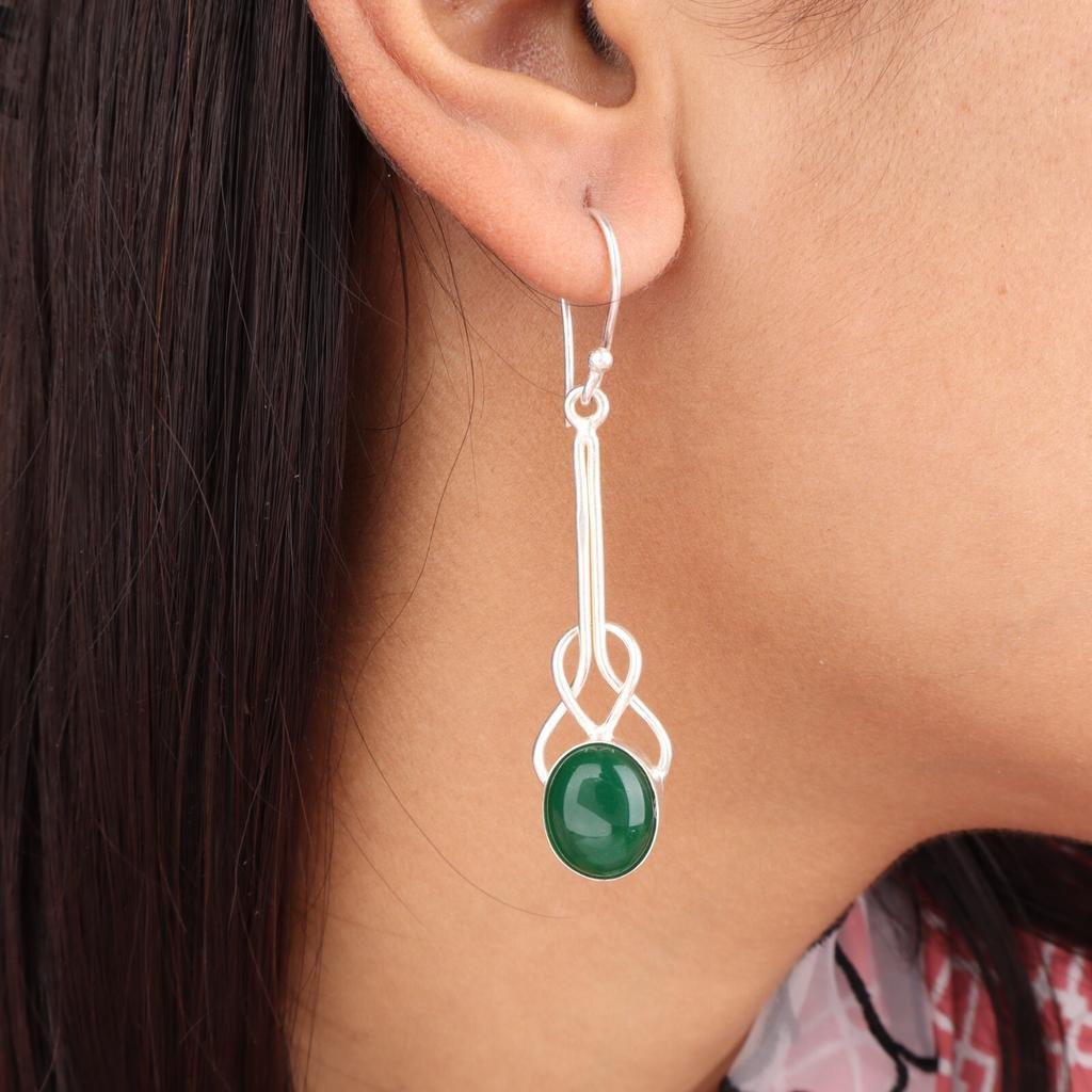 Green onyx Cab Gemstone 925 Sterling Silver Jewelry Handmade Hook Earrings 1.76" EE-171-28