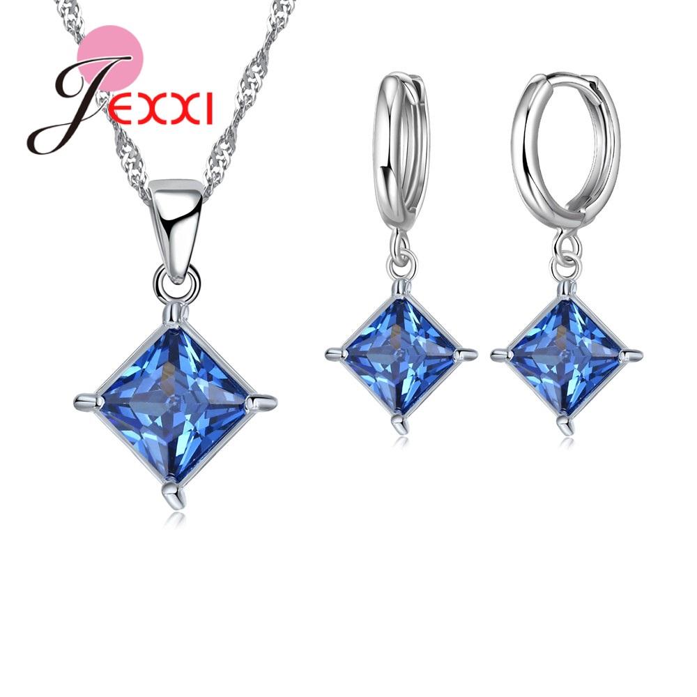 Exquisite Beautiful Colorful Square Crystal Girlfriend Gift Engagement Jewelry 925 Sterling Silver for Fashion Women
