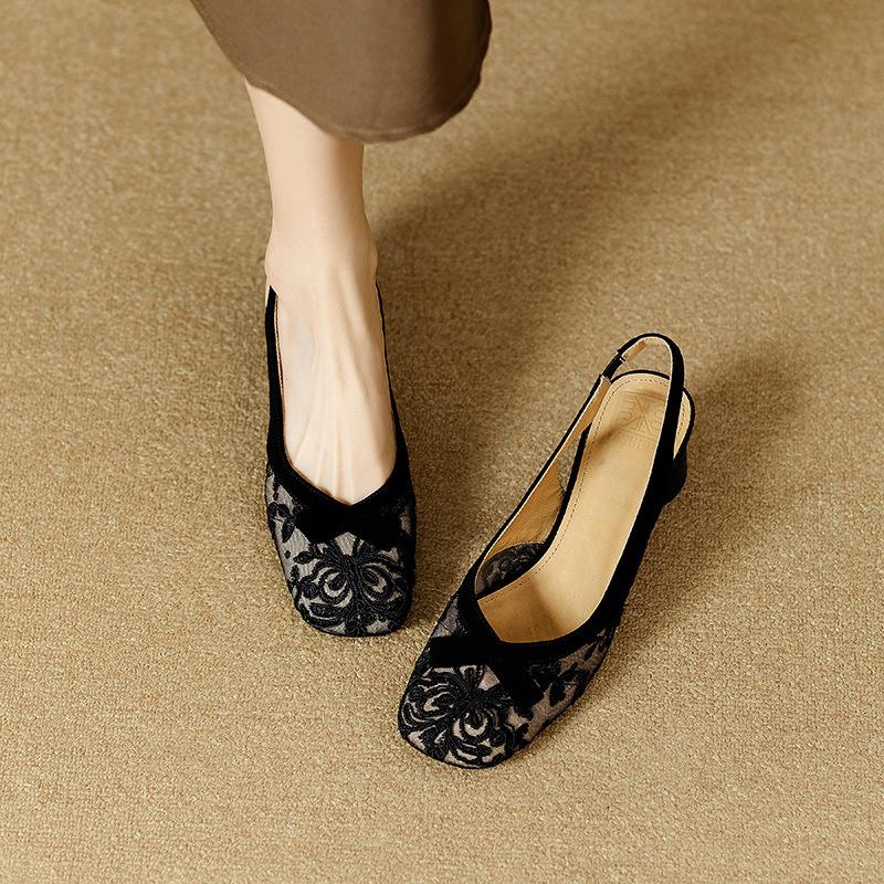 French Retro Bow Embroidered Bag Head Sandals Women's Summer Xiaoxiangfeng Thick Heel Black Mesh Middle Heel Empty Single Shoes