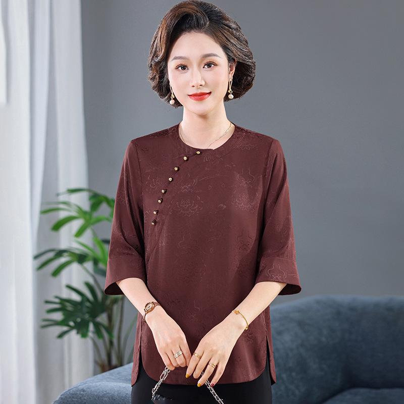 

Elegant 2026 Summer Imitation Silk Chinese Style Frog Button Dress for Age-Reducing Middle-Aged and Elderly Women s Fashion 4XL (70-80kg)