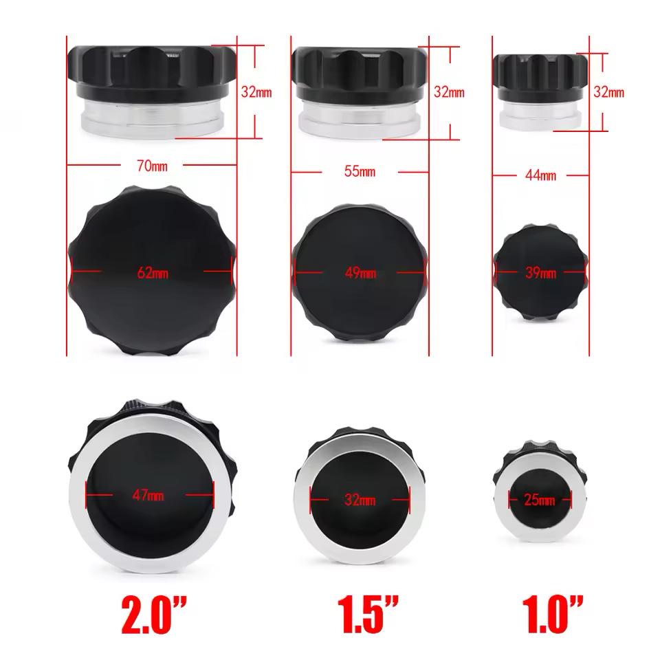 Tampas de Tanque de Combustível e Água de Alumínio Preto e Prata para Modificação de Carro: 1, 1,5, 2 Polegadas