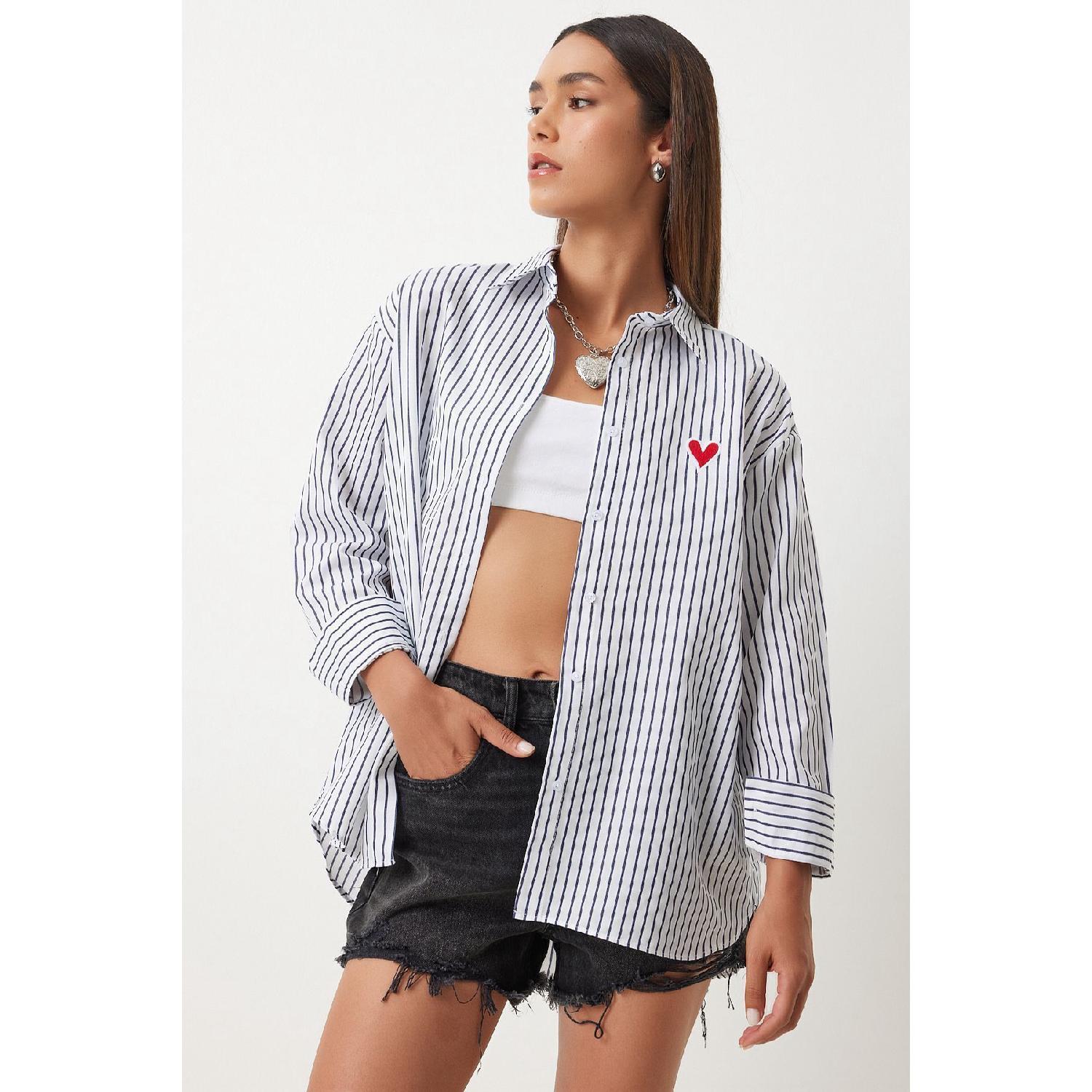 

Heart Embroidered Striped Oversize Poplin Shirt Black White 36 чёрный