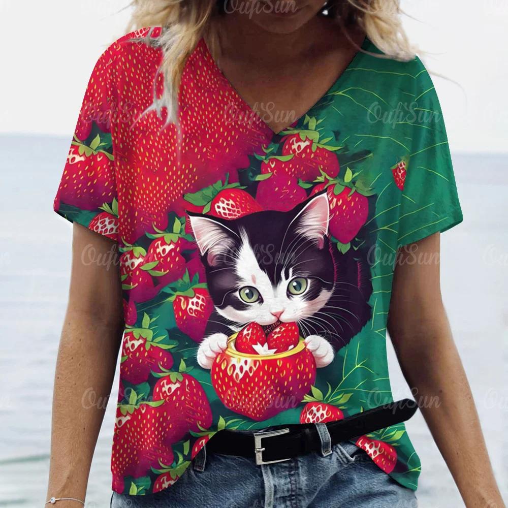 Summer Women Cute Cat T-shirt Fashion Trend V-Neck Tops Tees Female Casual Stylish Short Sleeve Clothing Ladies Vintage Outfit