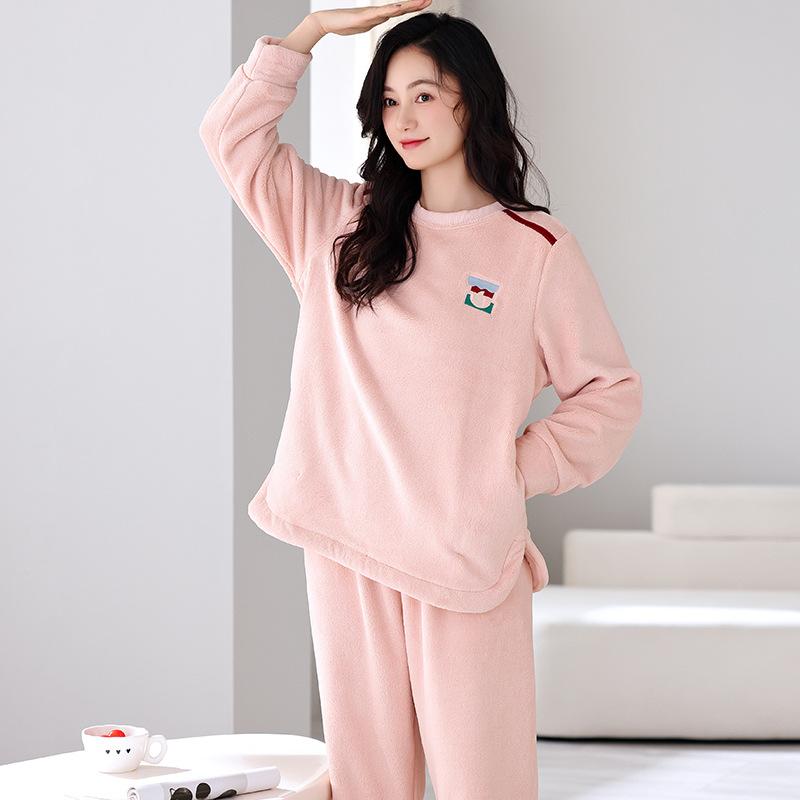 Coral Fleece Pajamas Women'S Autumn And Winter Long-Sleeved Casual Wear Thickened Fleece Flannel Loungewear Winter Suit