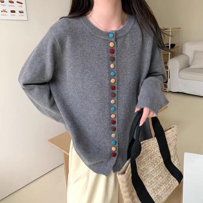 Women's Autumn 2024 Red Knitted Sweater Cardigan - Colorful Button, Crew Neck, Long Sleeve, Soft Angora Blend.