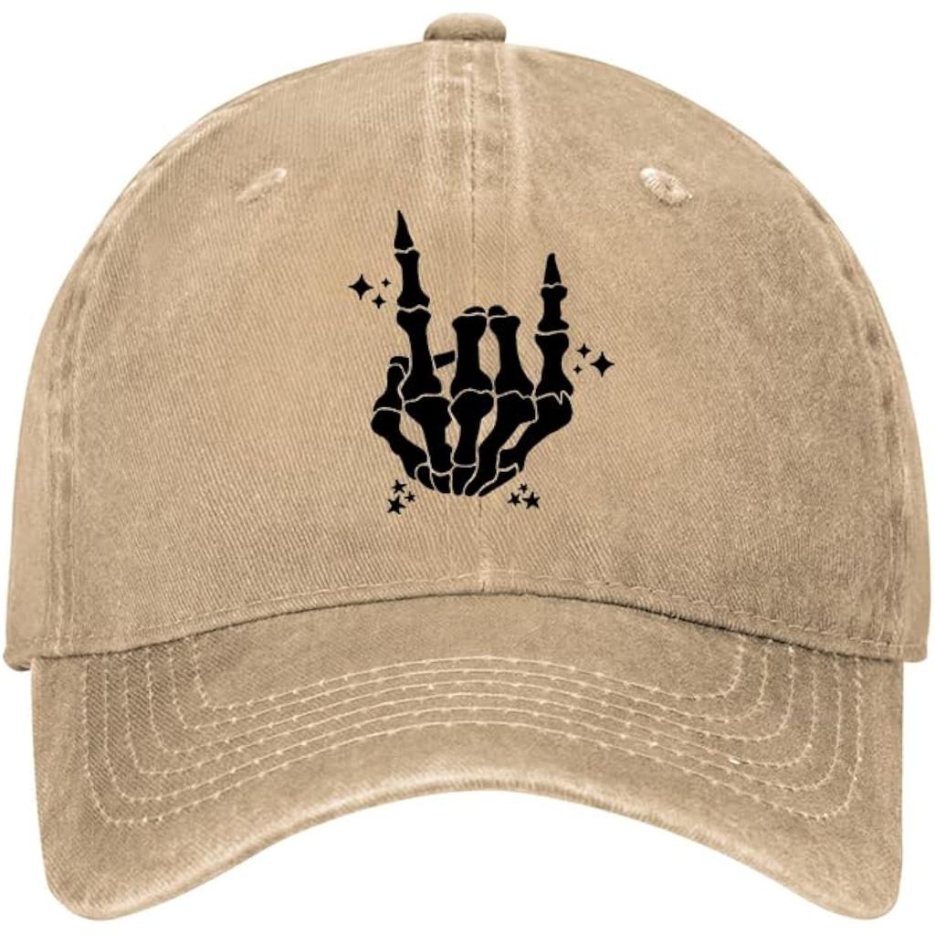 Skeleton Rock Hand Sign Baseball Cap Punk Cotton Washed Adjustable Hat for Men Women Outdoor