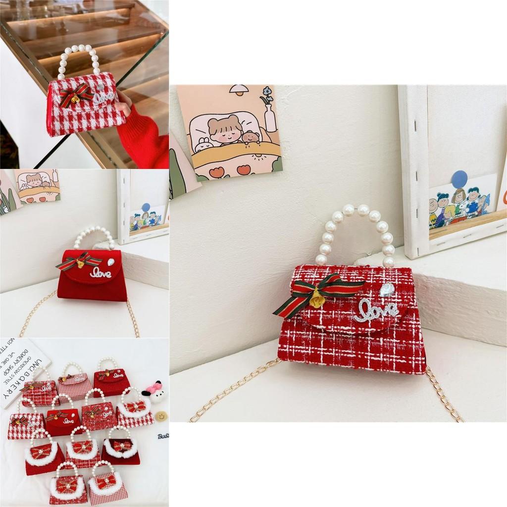 Fun Red Velvet Gatherings Handbag For Girls Featuring Cartoon Patterns And Stylish Beads