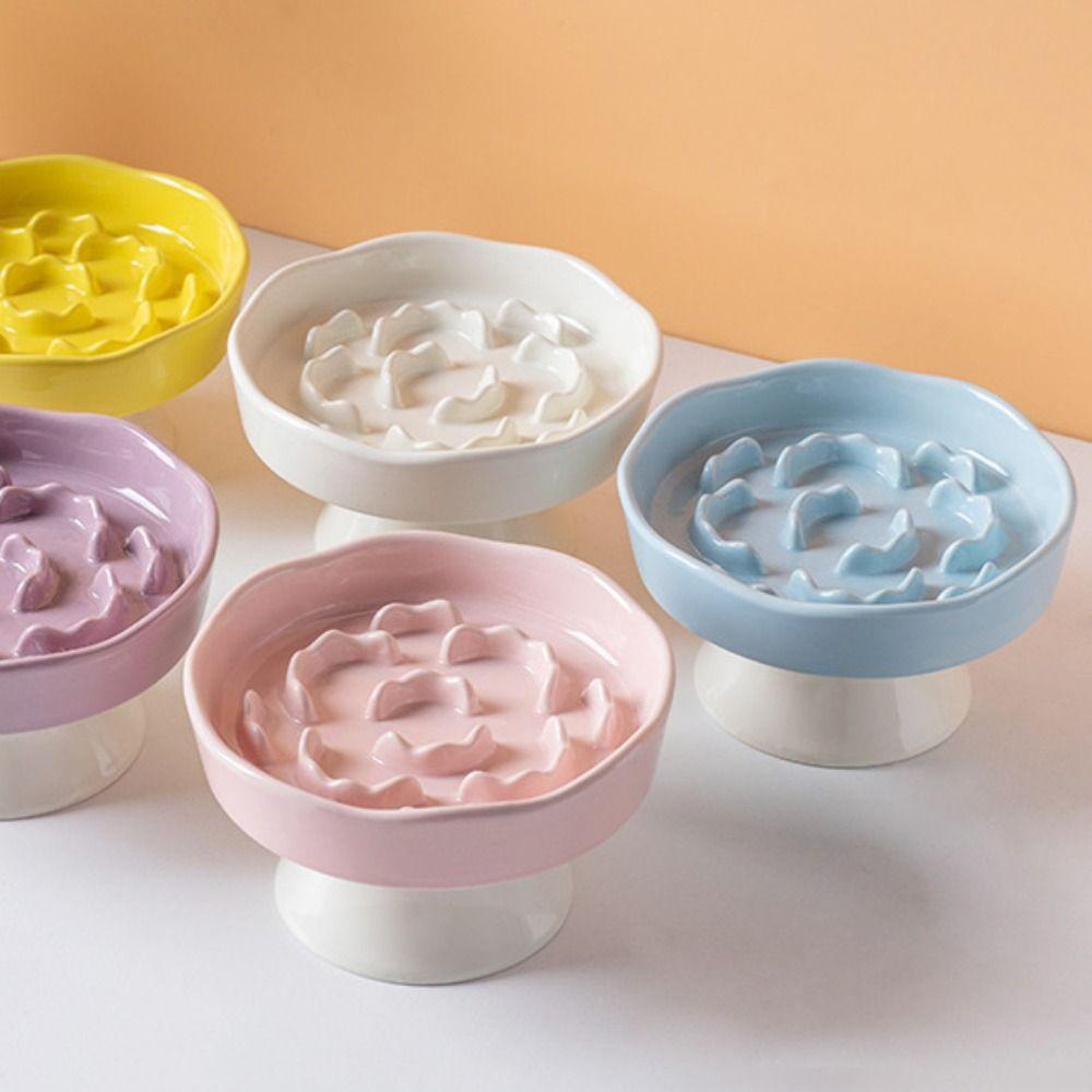 Ceramic Cat Slow Food Bowl Cute Multi-use Pet High Foot Bowl Large Capacity Anti Tipping Dog Feeding Basin Water Container bianco