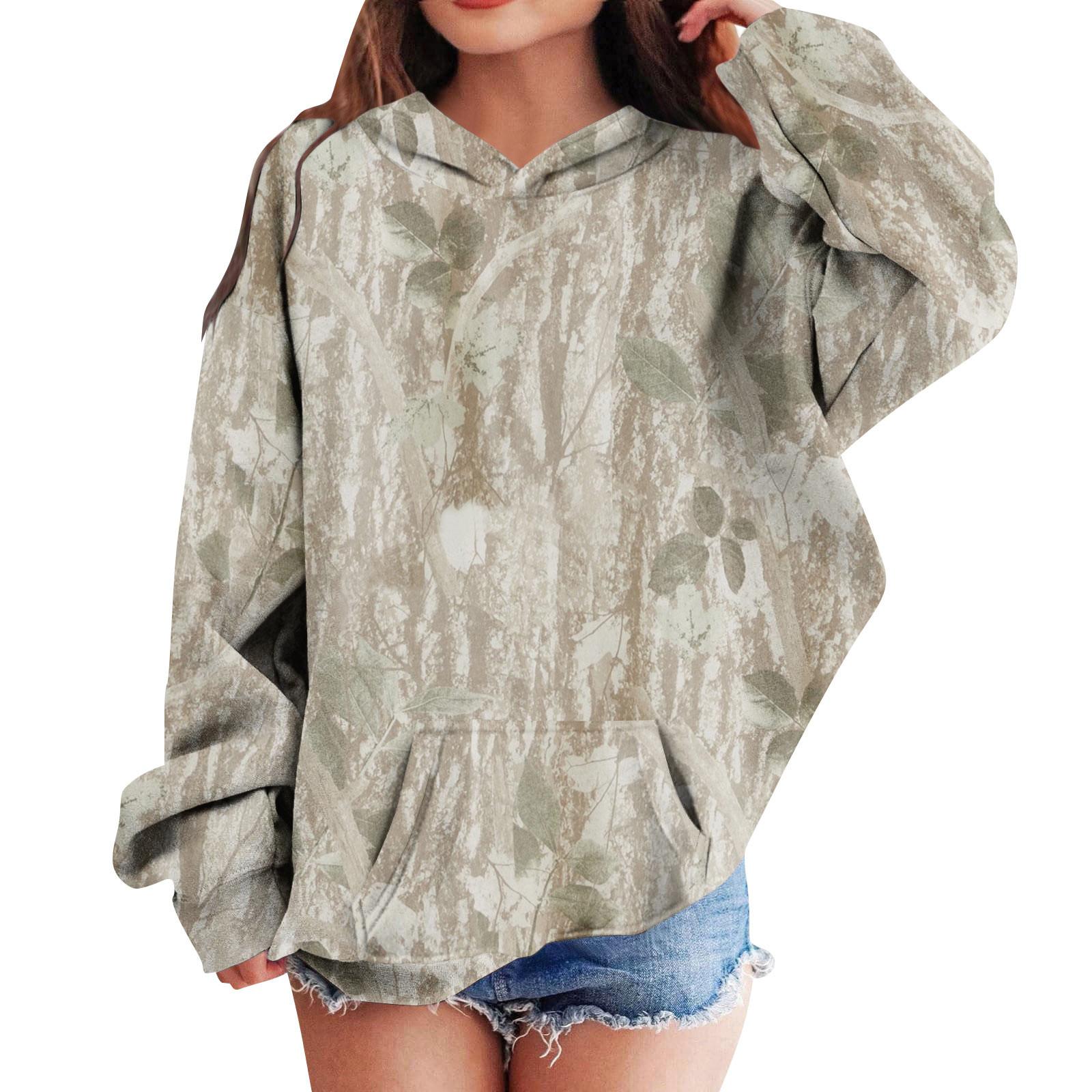 

Children s Leaf Camo Print Hooded Sweatshirt Lightweight Pullover Long Sleeve Hoodie with Kangaroo Pocket for Outdoor Activities 150 хаки