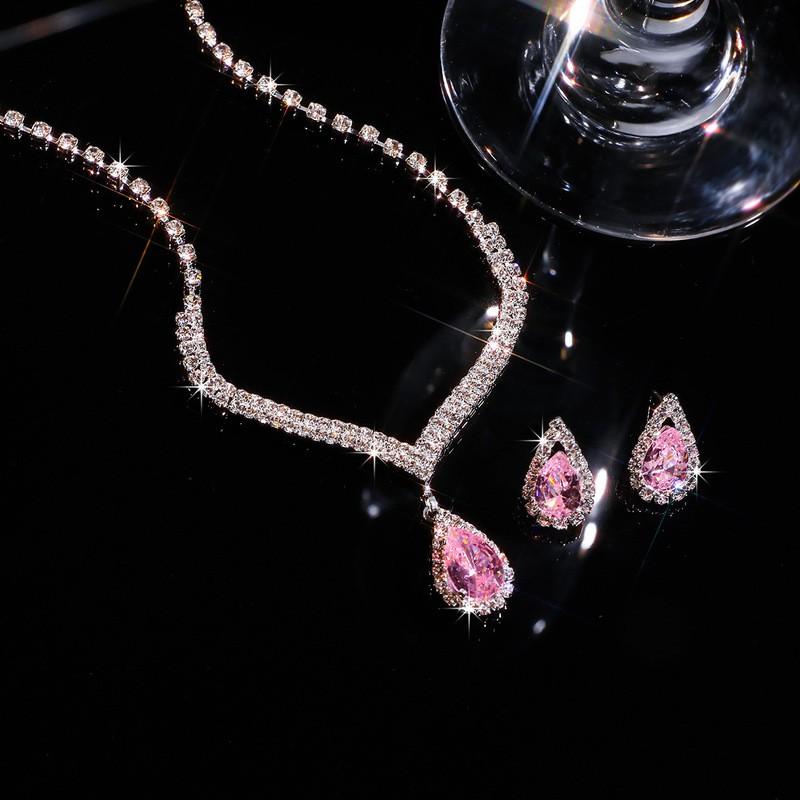 Geometric Zircon Pendant Necklace Set With Matching Earrings Waterdrop Shape Full Rhinestone Crystal Jewelry Wedding Party