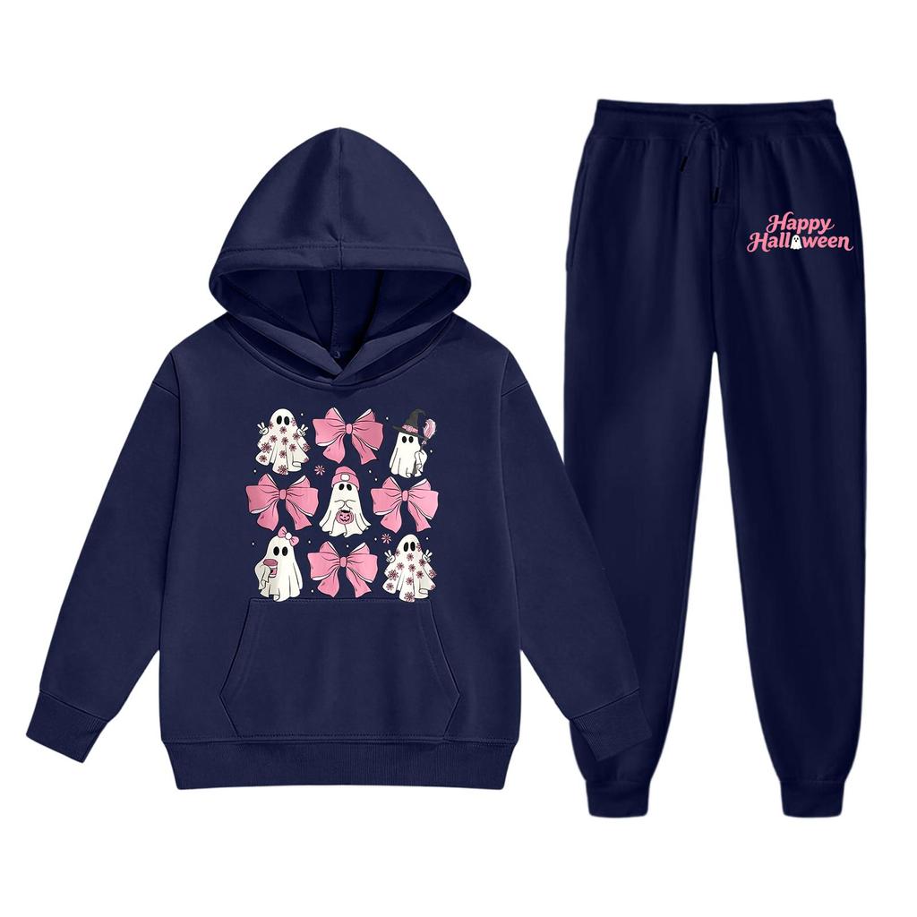Kids Halloween Hoodie and Pants Set Ghost Print Pullover Sweatshirt with Hooded Top and Elastic Waist Bottom for Children