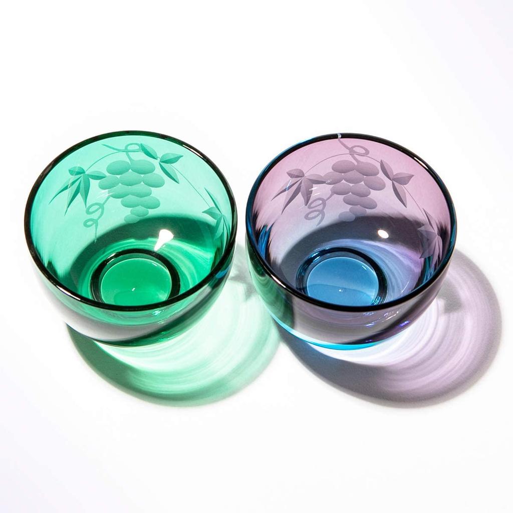 [Official Taiburo Studio] Edo Kiriko Grape Crest Sake Cups (Pair) (Green and Edo Purple) TB30009/35009, Gift Boxed, Made in Japan