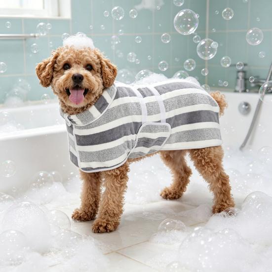 Quick-Drying Dog Bathrobe Striped Dog Wrap Towel with Belly Band Super Absorbent Pet Grooming Towel Robe for Dogs After Bath Machine Washable