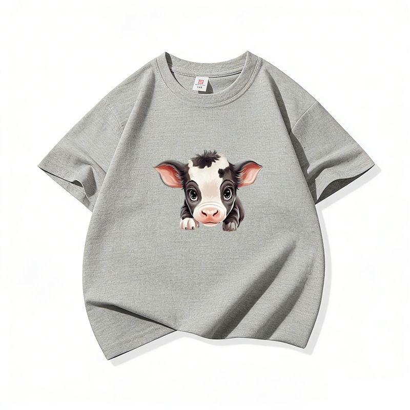 Kids Cotton T Shirt Adorable Baby Cow Peeking Print Crew Neck Short Sleeve Tee Casual Boys Girls Summer Tops
