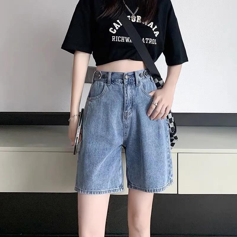 Damen Sommer Jeansshorts Übergröße Designgefühl Hohe Taille Gerade Hose Locker Weitbein Fünf-Punkt-Hose