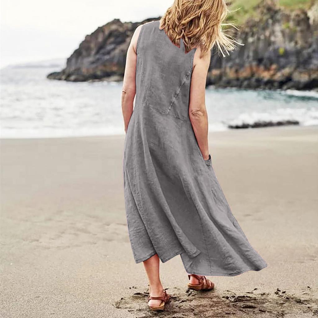 Women's Fashion Casual Colour Sleeveless Cotton Linen Pocket Dress