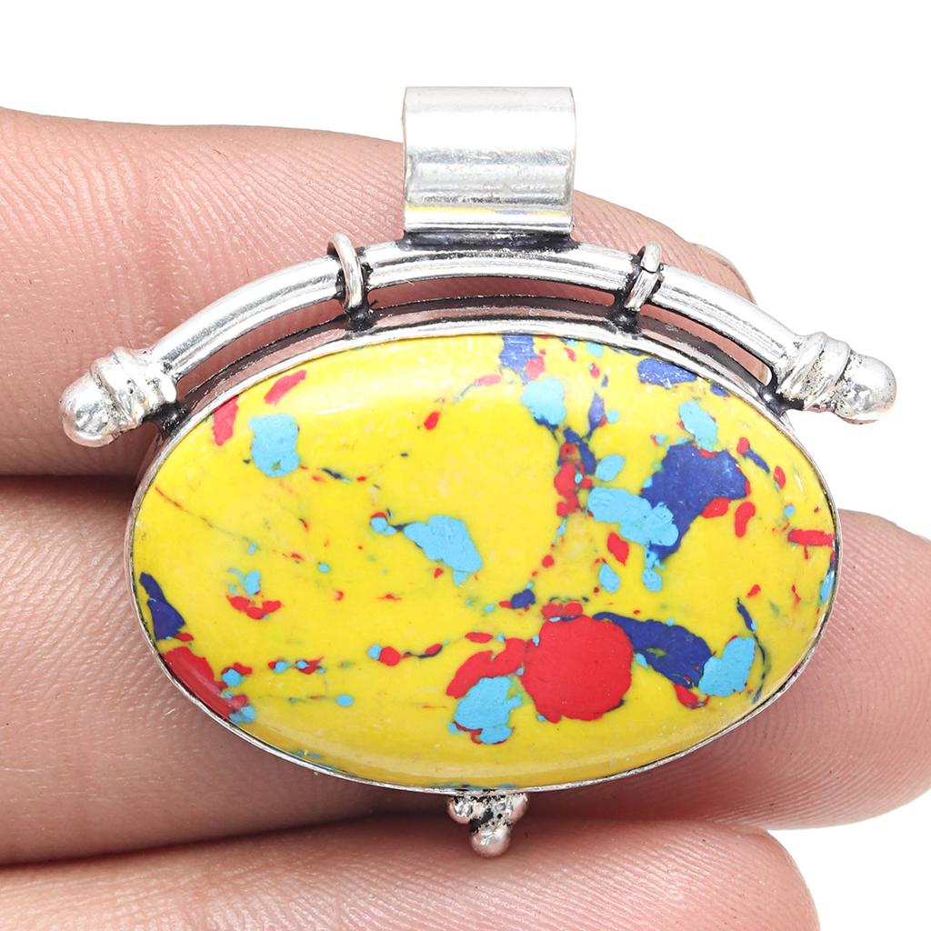 Pendant Mosaic Jasper Gemstone Handmade Gift For Her Silver Jewelry 1.5"
