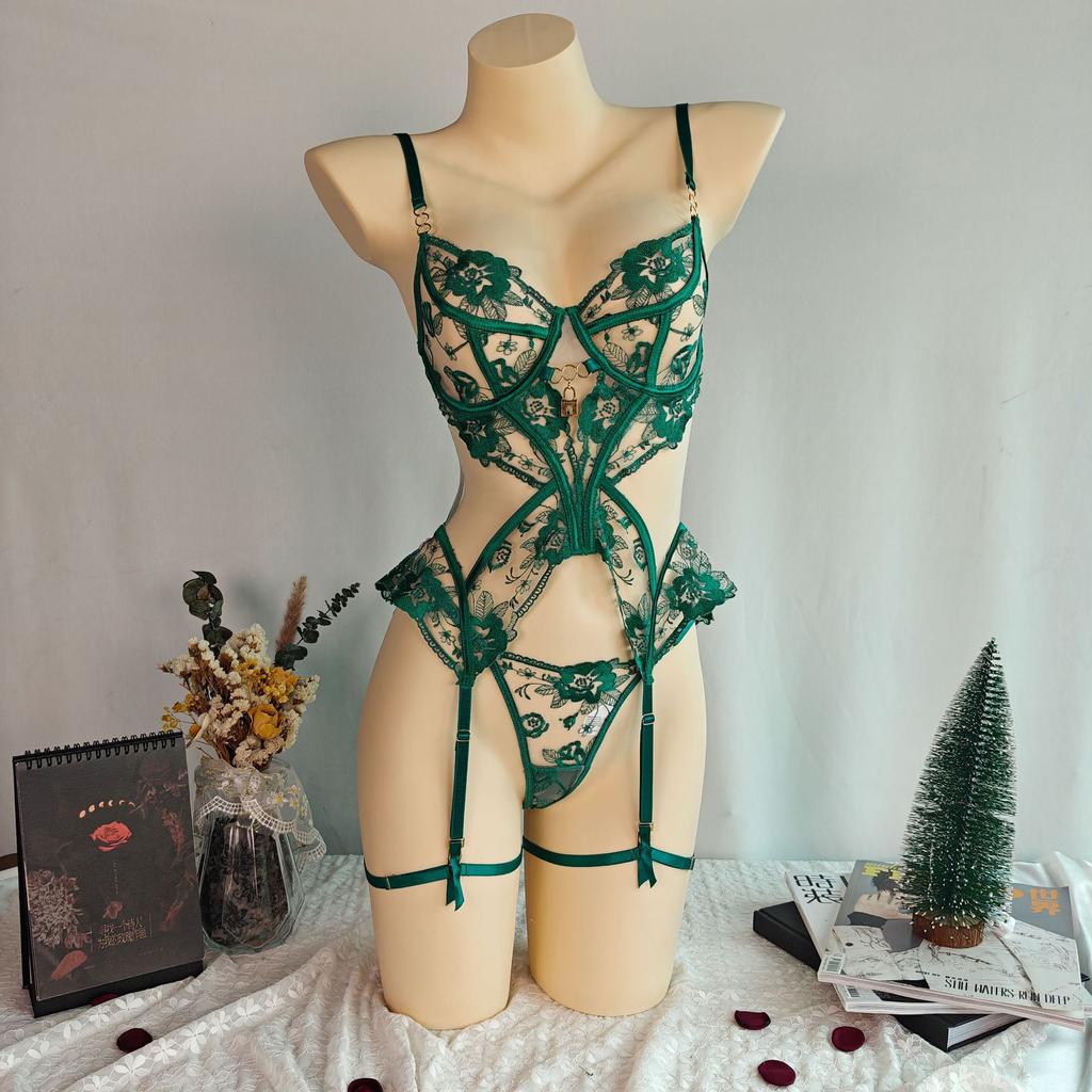 New Sexy Sexy Black Embroidery Mesh Splicing Bodysuit Women's Nightdress Garter Bra Set
