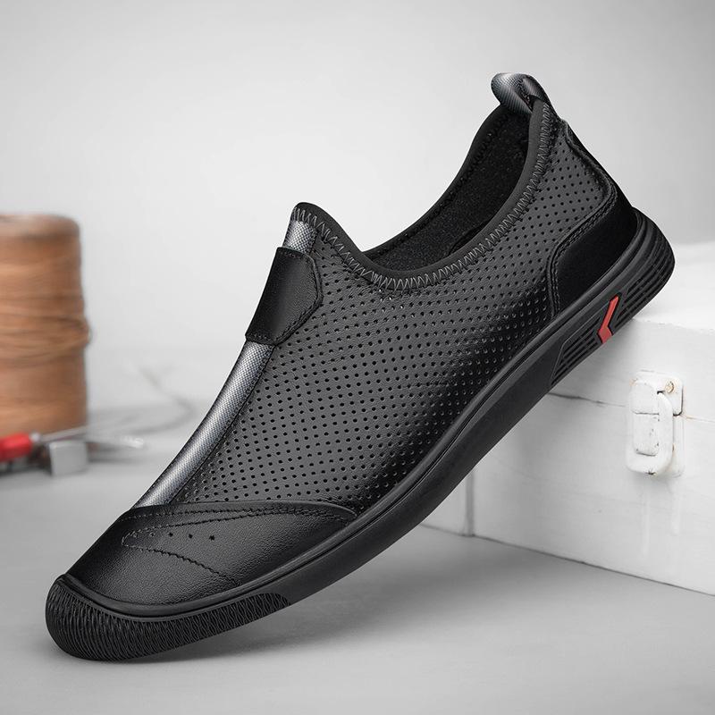 Men's Shoes 2025 Summer New Men's Thin Punching Breathable Hollow Leather Shoes Black One-pedal Lazy Casual Shoes