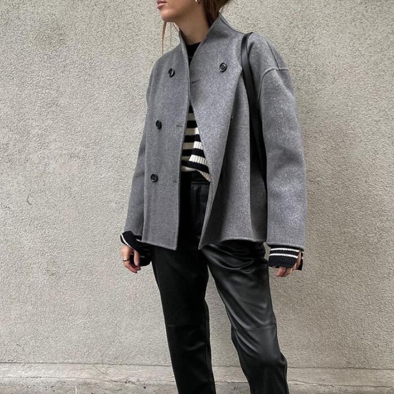 Single Breasted Women Jacket  Autumn Winter Pure Color Long Sleeve Loose Female Fashion Turn-down Collar Street Outwear