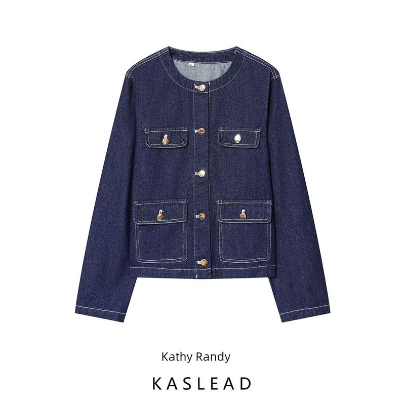 Kaslead New Women Clothes Western Style Fashion Simple and Versatile Collarless Denim Coat 1297060