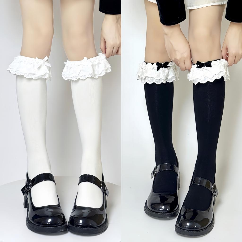 Lolita Rose Lace Mid-Calf Socks for Women lolita Lace bow in Japanese style jk White calf socks for spring and autumn