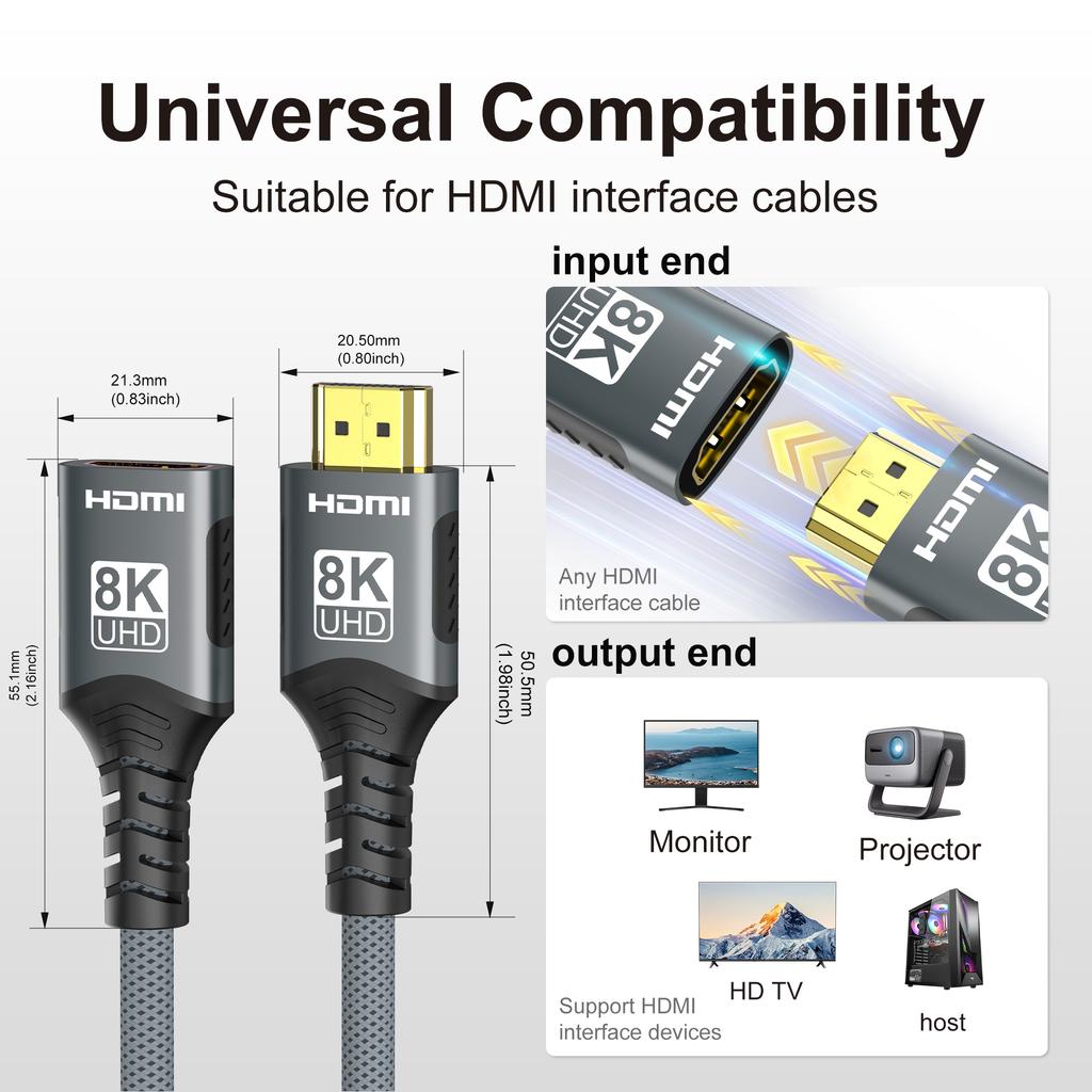 HDMI 2.1 Extension Cable 8K HDMI 2.1 Cable Male To Female Extension 8K@60Hz 4K@120Hz For HDTV RTX PS5 Xbox HDR Video  PC Laptop