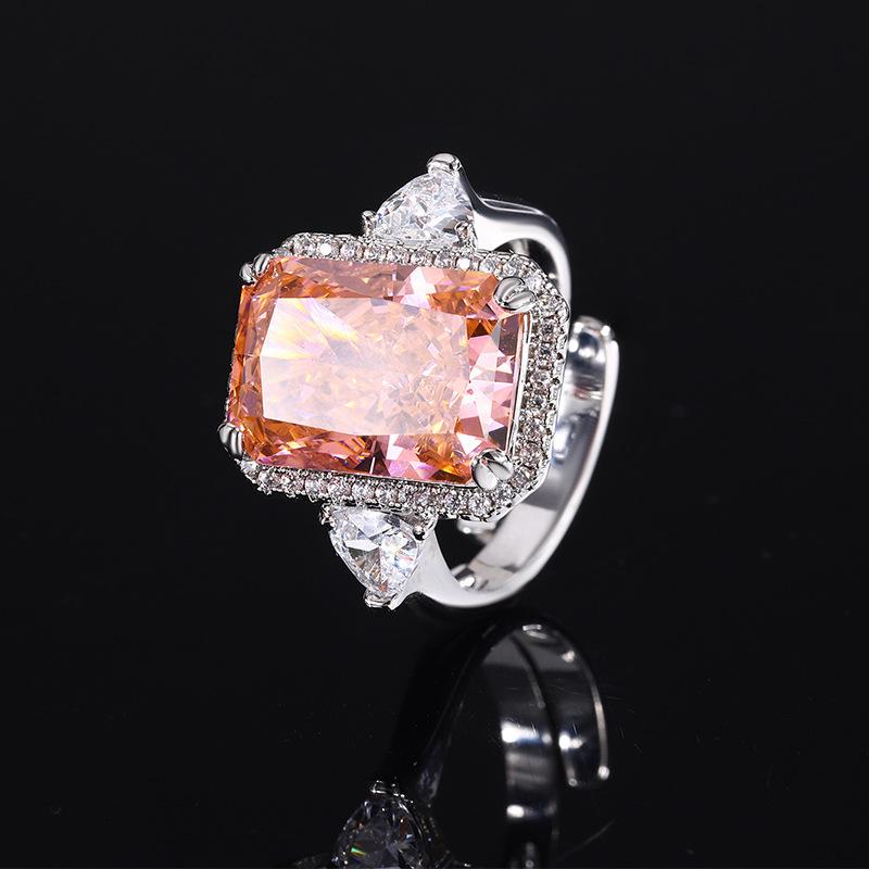 Jewelry Copper Bottom Gold-Plated High Carbon Diamond Ice Flower Square Diamond Copper Inlaid Temperament Light Luxury Rectangular Ring Women 10 * 14