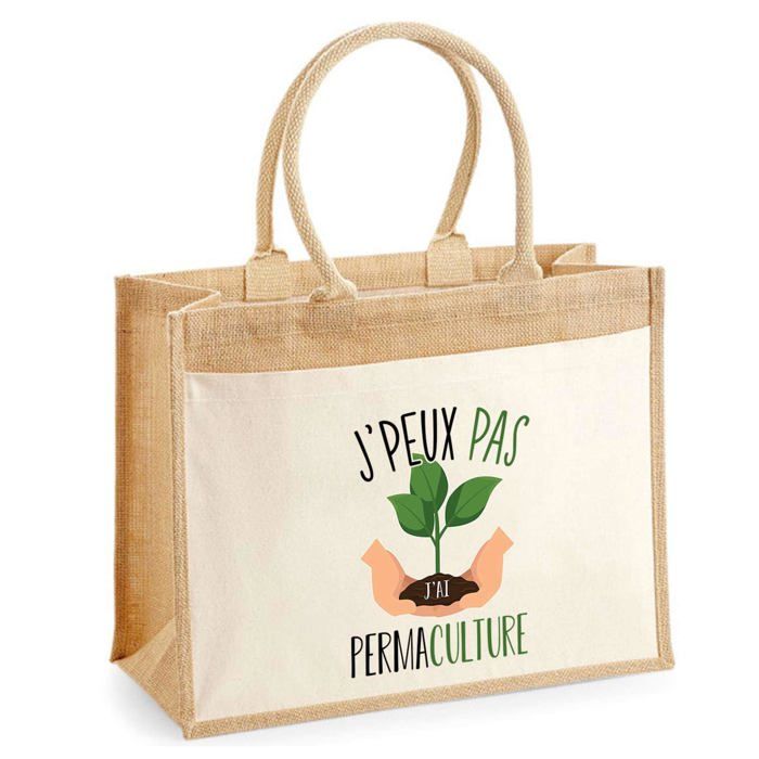 Sac de plage - PLANETEE - Jute avec poche Permaculture J'peux pas - Coton - Multicolore - 43x33 cm