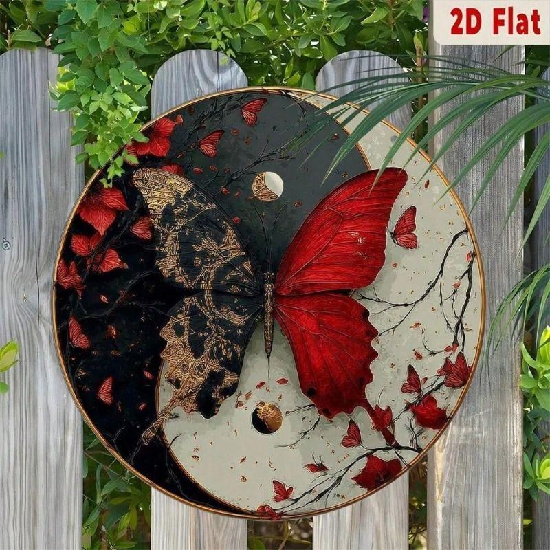 Yin Yang Butterfly Round Metal Wall Poster 20x20 cm Aluminum Living Room Decor