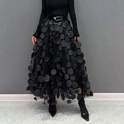 Women Maxi Skirt Retro A-Line Large Hem Skirt Solid Color 3D Dot Decor High Waist