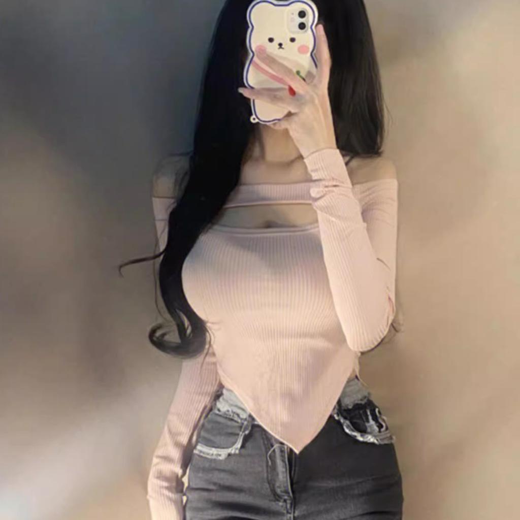 Pure Desire Spice Girl Hanging Neck One-word Collar Off-the-shoulder Hollow Long-sleeved T-shirt Women's Careful Machine Tight Irregular Short Top
