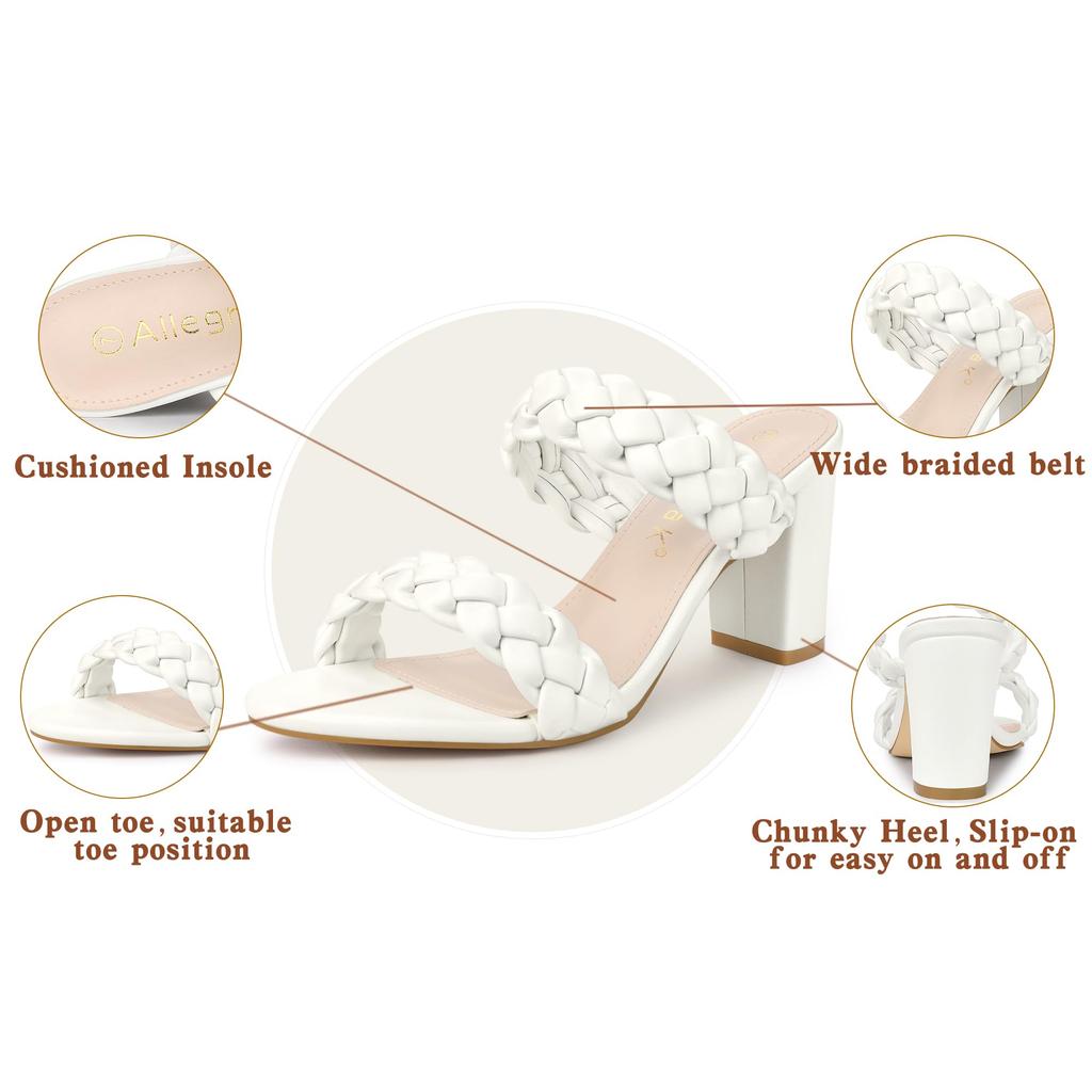 Allegra K Women's Chunky Braided Heel Slip-On Slide Sandals, White, Size 23.0cm